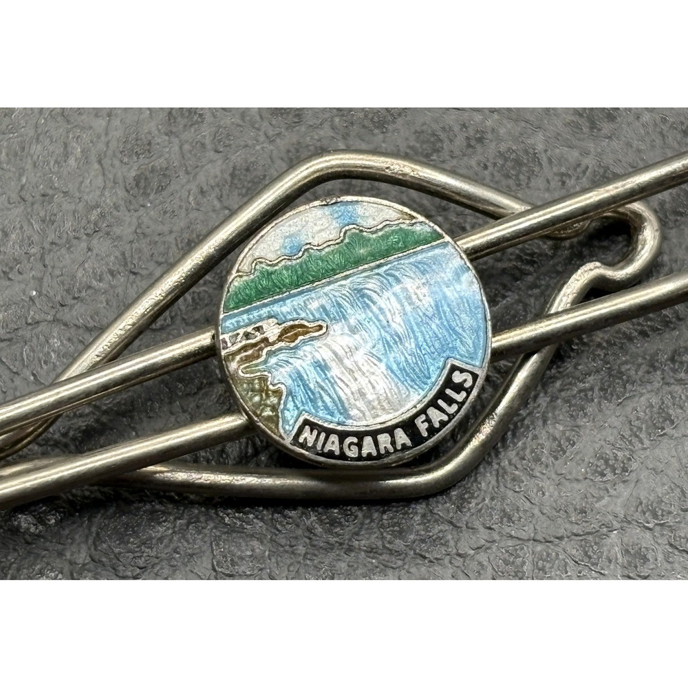 Vintage Niagara Falls Guilloche Enamel Tie Clip Bar Silver Tone Metal